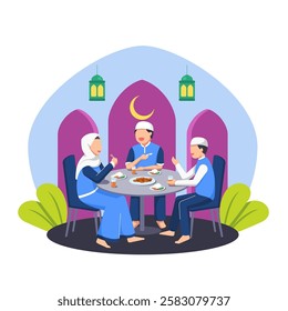 Happy Iftar Concept with Various Muslim Family Having Meal Together with Family. Break Fasting activity