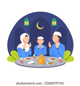 Happy Iftar Concept with Various Muslim Family Having Meal Together with Family. Break Fasting activity