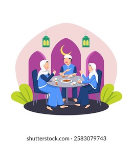 Happy Iftar Concept with Various Muslim Family Having Meal Together with Family. Break Fasting activity