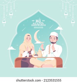 happy iftar family concept illustration background arabic callygraphy means ramadan