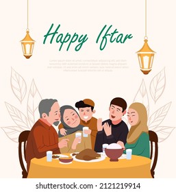 Happy Iftar Moslem Family Vector Illustration, Muslim Family having Iftar Party Together Design