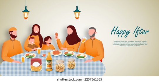 Happy Iftar Moslem Family Vector Illustration, Muslim Family having Iftar Party Together Design
