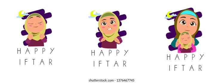 happy iftar or muslim event greeting card and background with cute comic girl illustration