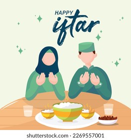 Happy Iftar Muslim Family Vector Illustration, Muslim Family having Iftar Party Together Design. Iftar Eating After Fasting feast party concept. Muslim family dinner on Ramadan Kareem