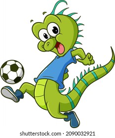 The happy iguana is playing the football of illustration