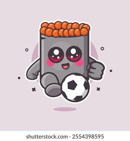 happy ikura sushi food character mascot playing football isolated cartoon