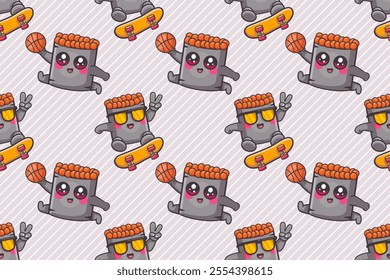 happy ikura sushi food character seamless pattern illustration background