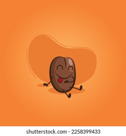 A happy illustrated coffee bean character, sitting and rubbing his stomach.
