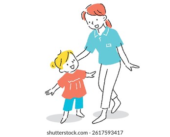 A happy illustration of a kindergarten teacher and a girl, hand-drawn