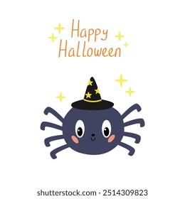 Happy illustration poster or card with a cute spider. Hand drawn calligraphy and halloween elements. Vector illustration in flat style