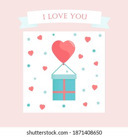 Happy illustration for Valentine's Day, Christmas, New year and birthday. Cute romantic gift with a flying heart and the inscription "I love you". Greeting card . Vector illustration. Symbol of love