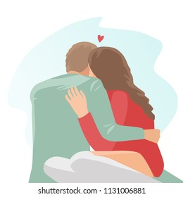 Happy illustration of a young woman and a man in love hugging. A young couple in love embraces and kisses. Vector illustration.