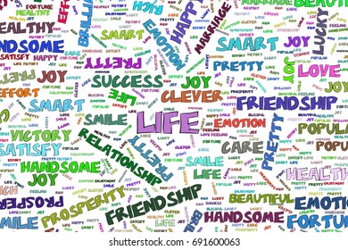 Happy, illustrations of positive emotion word cloud. Good for web page, wallpaper, graphic design, catalog, texture or background. Vector graphic.