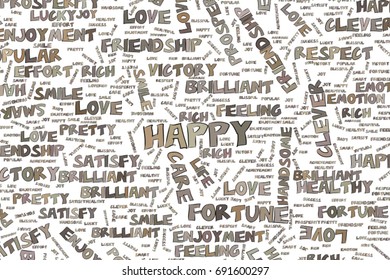 Happy, illustrations of positive emotion word cloud. Good for web page, wallpaper, graphic design, catalog, texture or background. Vector graphic.
