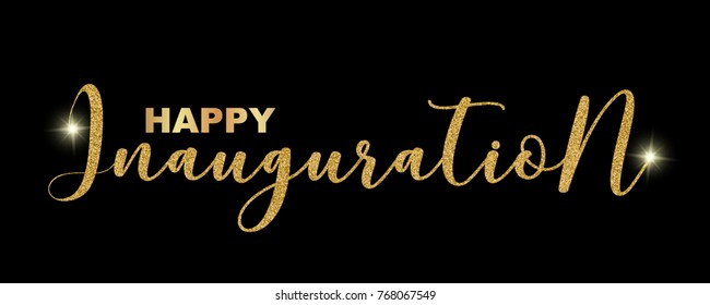 Happy Inauguration handwritten festive text isolated on black background, vector illustration. Hand drawn lettering, sparkles, creative graphic design for banners, invitations, greeting cards.