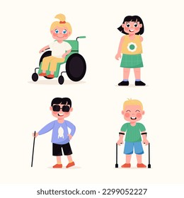 Happy inclusive, disabled children in a flat style