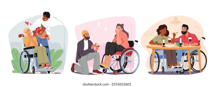 Happy inclusive people in love vector illustration. Romantic couples with special needs first dating and loving relationships isolated scene set. Young enamored man and woman in wheelchair cartoon