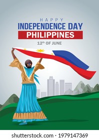 happy Independence day 12 th june Happy independence day of Philippines , girl standing with Philippine flag. vector illustration. greeting card design.