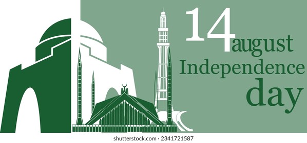 happy independence day 14th August, Pakistani flag. vector illustration. greeting card design.Celebrating Pakistan Independence Day 3D text 14 August, waving flag on green background