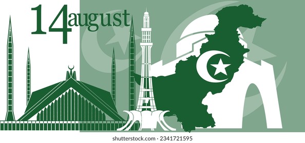 happy independence day 14th August, Pakistani flag. vector illustration. greeting card design.Celebrating Pakistan Independence Day 3D text 14 August, waving flag on green background