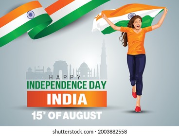 feliz Día de la Independencia 15 de agosto Feliz Día de la Independencia de India, chica corriendo con bandera india. diseño de ilustraciones vectoriales. tarjeta de felicitación