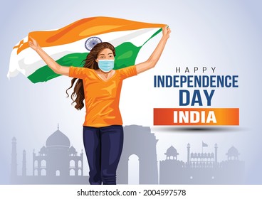 happy Independence day 15 th august Happy independence day of India , girl running with Indian flag. vector illustration design .greeting card.covid-19, corona virus concept.