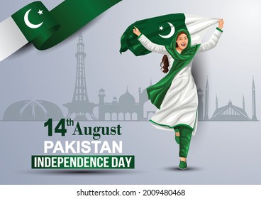 happy independence day 15th August, girl running with Pakistani flag. vector illustration. greeting card design