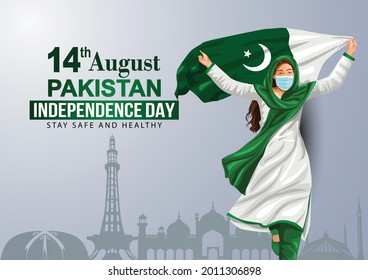 happy independence day 15th August, girl running with Pakistani flag. vector illustration. greeting card design. covid -19, corona virus concept