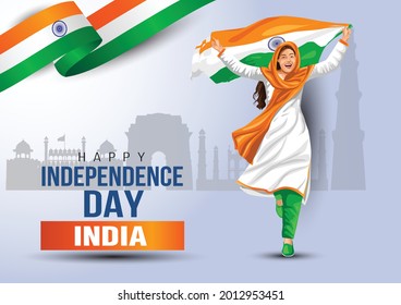 happy Independence day 15th august Happy independence day of India , girl running with Indian flag. vector illustration design. greeting card