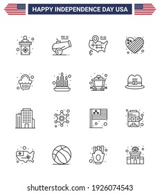 Happy Independence Day 16 Lines Icon Pack for Web and Print sweet; cake; location; love; flag Editable USA Day Vector Design Elements