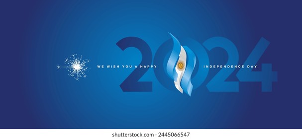 Happy Independence Day 2024 event. Argentina 3d flag ribbon flame over numbers of 2024 vector illustration on blue background