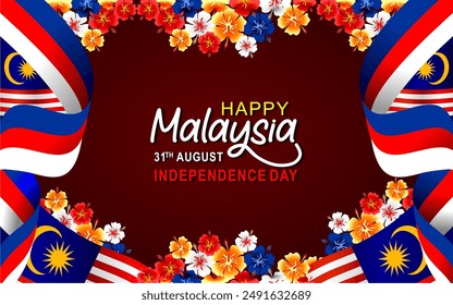 Happy Independence day 2024, Malaysia Independence day 1957, 31st August, 31 August, National Day, Independence Day, with flags, ribbons and hibiscus flowers vector illustration