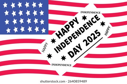 Happy Independence Day 2025 Vector with Heart Shape Badge and Wavy American Flag Background