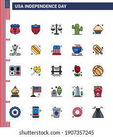 Feliz Día de la Independencia 25 Plano Llenado Paquete de iconos para Web y postre de impresión; americano; tribunal; planta; elementos de diseño de vectores editables por el día de los EE.UU.