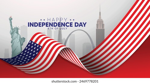 Happy independence day 4 July USA day flag ribbon with cityscape vector poster