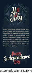 Happy Independence Day and 4 of July hand lettering inscription with rays. Template for vertical poster, greeting card and banner. Isolated on dark background.