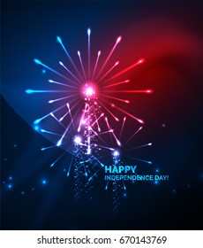 Happy Independence Day 4 july fireworks design, glowing lights in the dark. Celebration sale poster