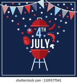 Happy Independence day, 4th July national holiday. Festive greeting card, invitation with bunting flags decoration, barbecue food symbols and stras in USA flag colors. Vector illustration background, 