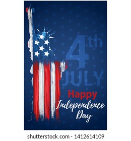Happy independence day 4th of July. United states of America day greeting card with liberty statue. American flag symbol with paint brush strokes. National patriotic and political holiday poster