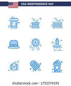 Happy Independence Day 4th July Set of 9 Blues American Pictograph of flower; sign; independence; star; badge Editable USA Day Vector Design Elements