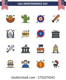 Happy Independence Day 4th July Set of 16 Flat Filled Lines American Pictograph of building; usa; security; sports; baseball Editable USA Day Vector Design Elements