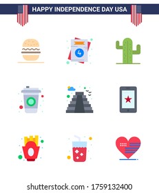 Happy Independence Day 4th July Set of 9 Flats American Pictograph of landmark; american; cactus; drink; bottle Editable USA Day Vector Design Elements
