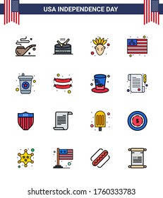 Happy Independence Day 4th July Set of 16 Flat Filled Lines American Pictograph of frankfurter; soda; native american; drink; usa Editable USA Day Vector Design Elements