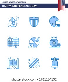 Happy Independence Day 4th July Set of 9 Blues American Pictograph of day; ball; american; basketball; flag Editable USA Day Vector Design Elements