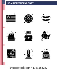 Happy Independence Day 4th July Set of 9 Solid Glyphs American Pictograph of usa; independence; sausage; cake; shop Editable USA Day Vector Design Elements
