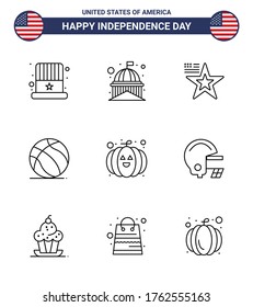 Happy Independence Day 4th July Set of 9 Lines American Pictograph of food; american; white; ball; usa Editable USA Day Vector Design Elements