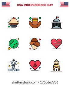 Happy Independence Day 4th July Set of 9 Flat Filled Lines American Pictograph of hat; usa; green; united; baseball Editable USA Day Vector Design Elements