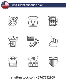 Happy Independence Day 4th July Set of 9 Lines American Pictograph of flag; stage; security; election; game Editable USA Day Vector Design Elements