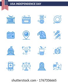 Happy Independence Day 4th July Set of 16 Blues American Pictograph of american; day; badge; calender; food Editable USA Day Vector Design Elements
