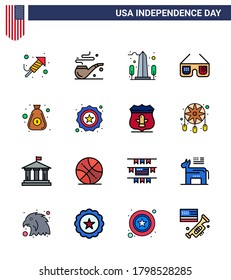 Happy Independence Day 4th July Set of 16 Flat Filled Lines American Pictograph of money; usa; monument; imerican; sunglasses Editable USA Day Vector Design Elements